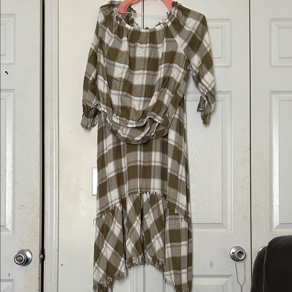 Cato Olive Green and White Asymmetrical Plaid Dress